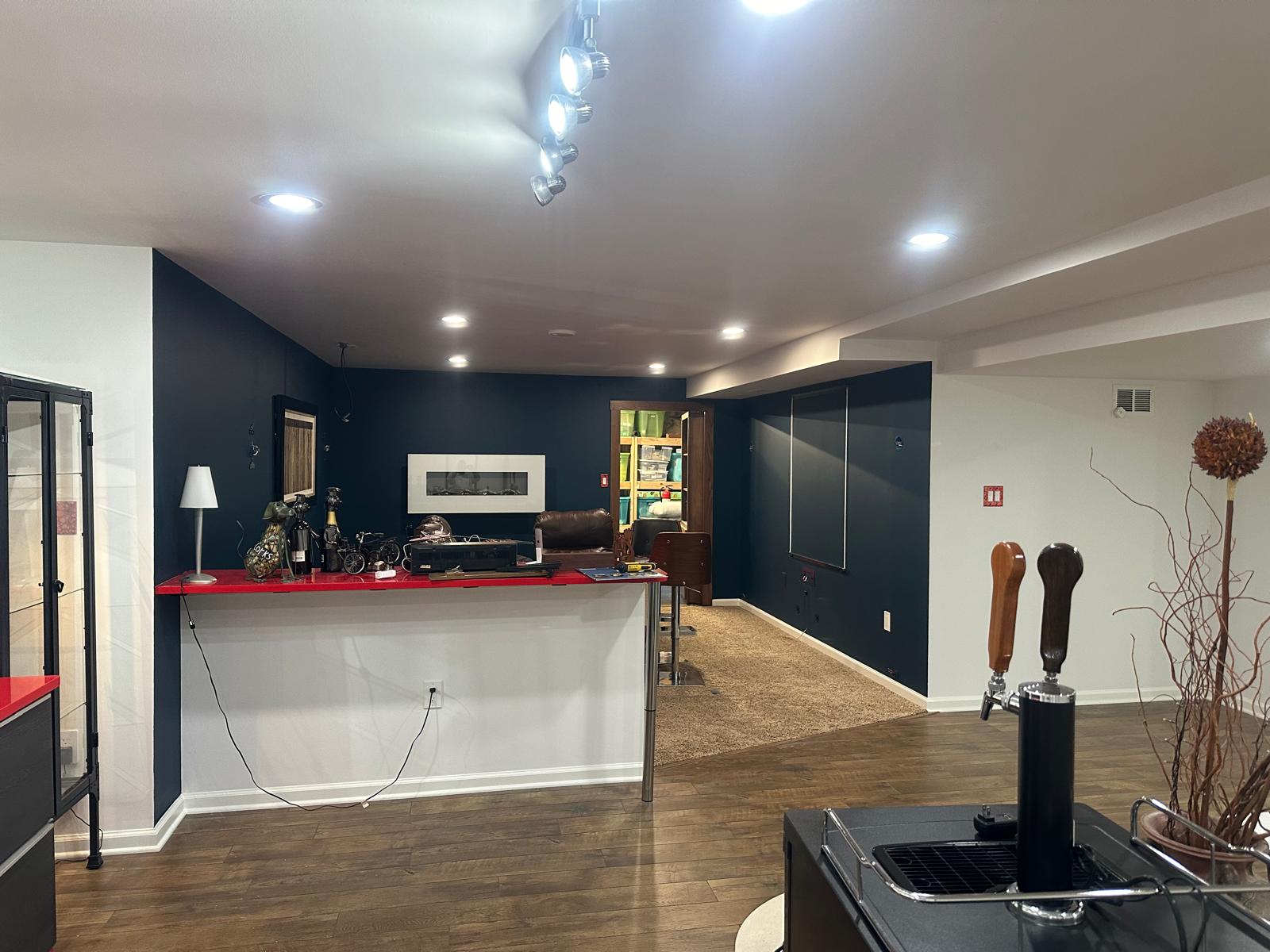 Finished basement bar with painted accent wall, Coatesville, PA