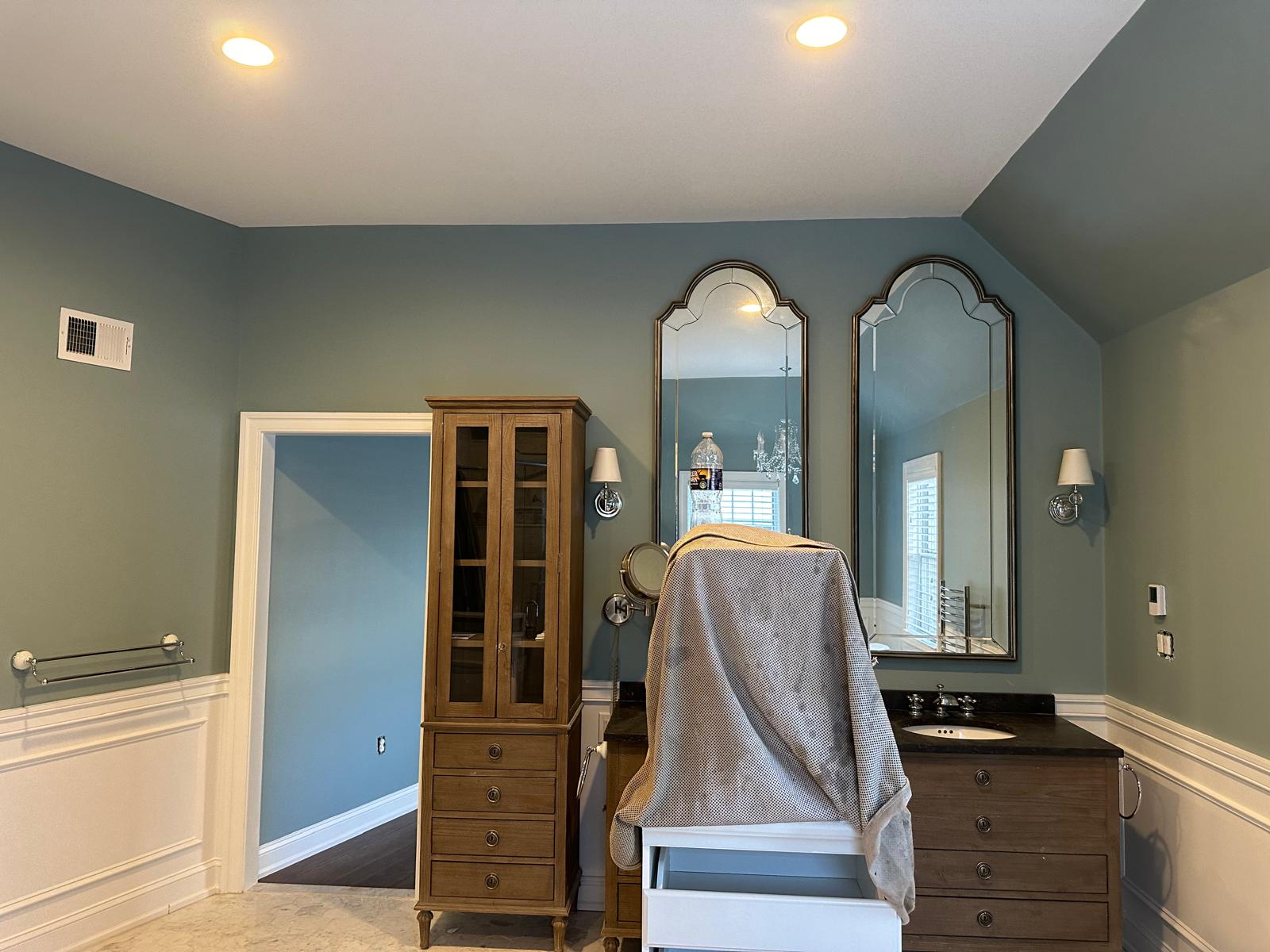 Freshly painted bathroom with wood vanity and blue-gray walls, Chester County, PA